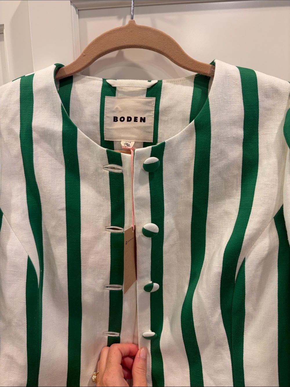 Boden Green and White Striped Collarless Blazer - Picture 2 of 4